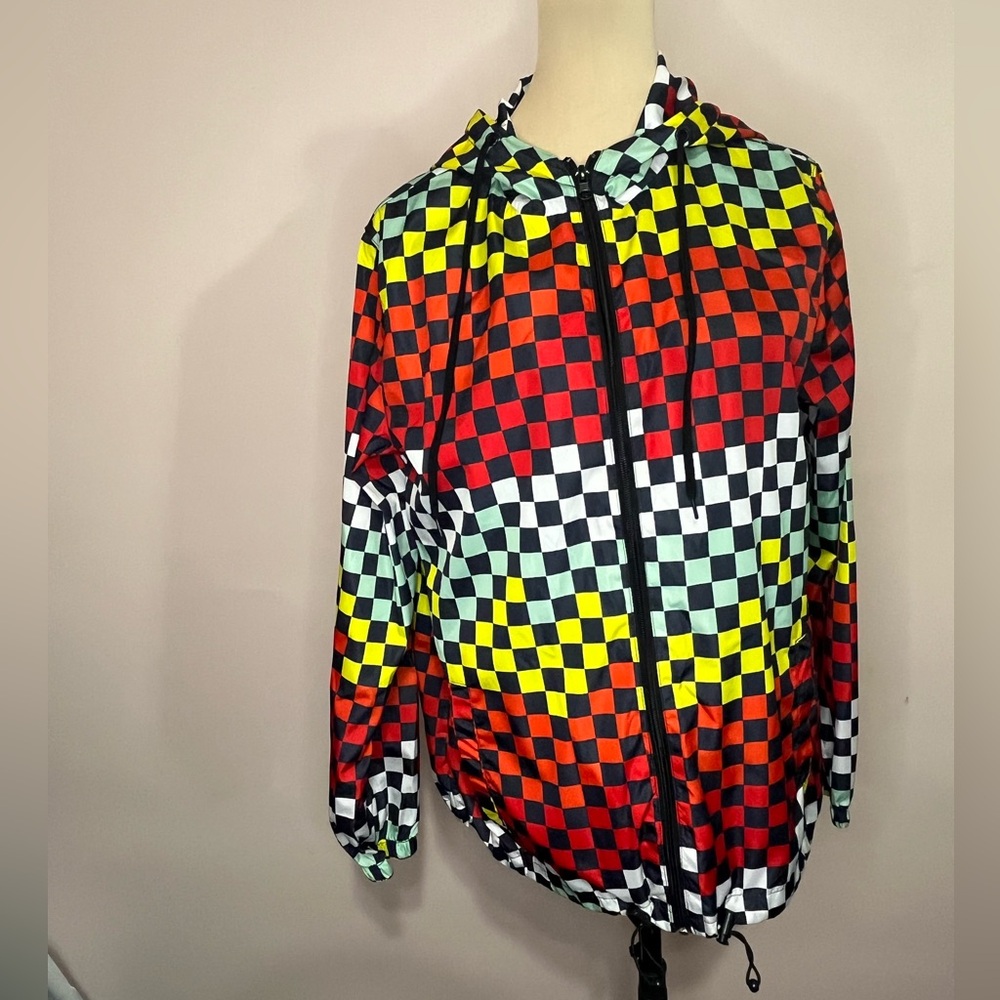 Twain Womens Windbreaker Large Checkered Jacket Full Zip Multicolor